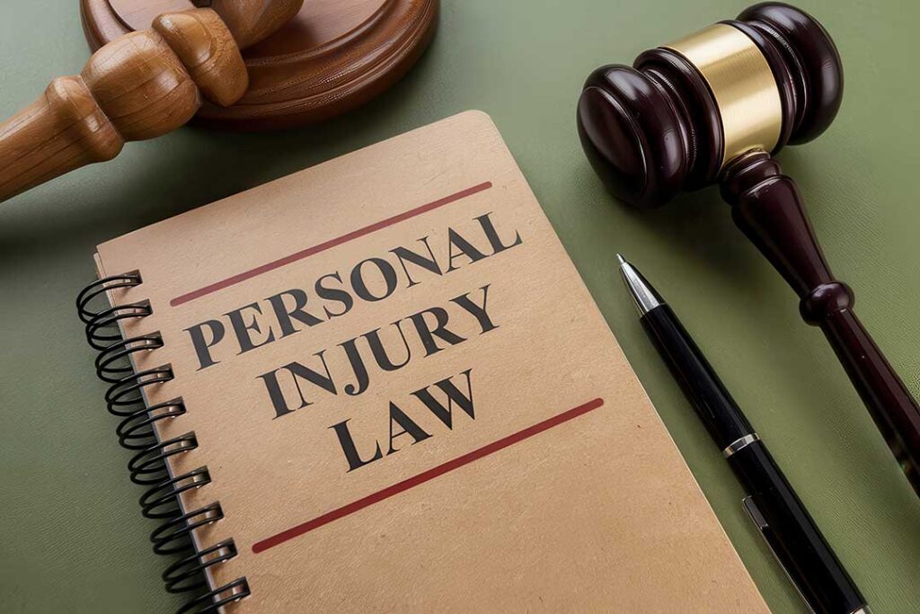 A person reviewing injury claim documents and medical bills with a calculator at a kitchen table.